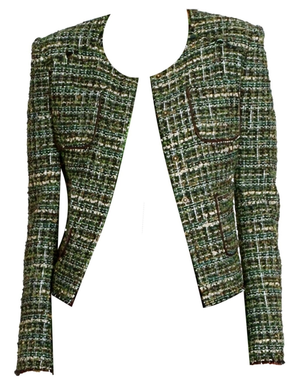 Marissa Webb Green Brown Gold Metallic Tweed Jacket Leather Trim *EUC* Sz 8